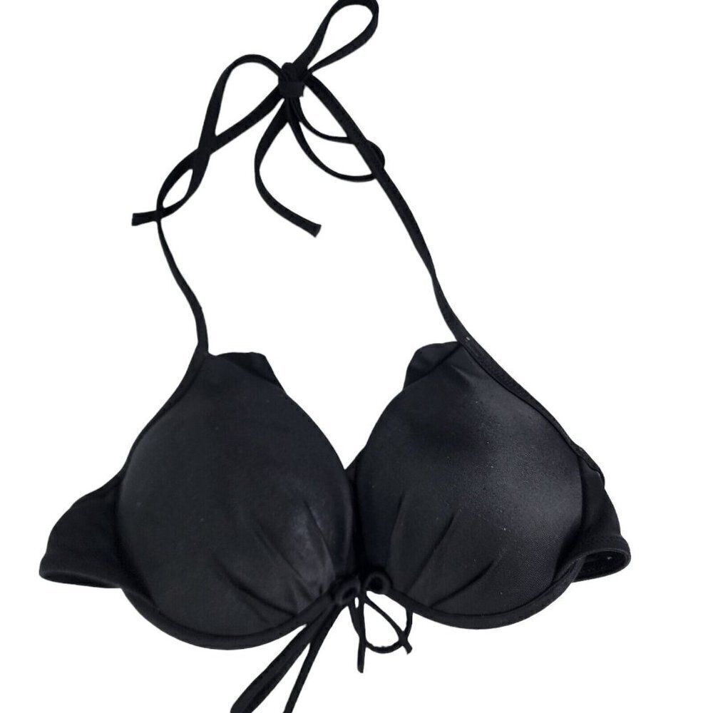 Victoria Secret Black Halter Padded‎ Bikini Swim Top Ruffle Size 34A